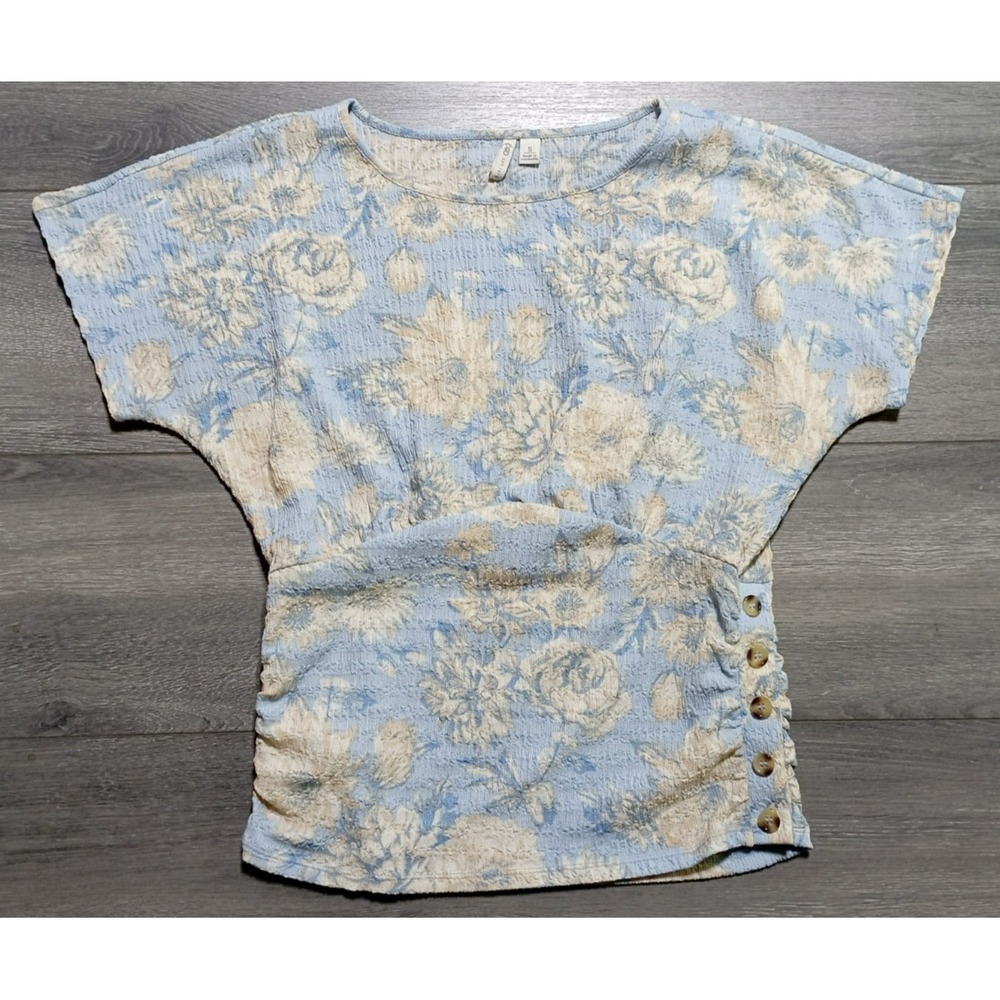 Cato Floral Blouse Adult Small Blue Pastel Textured Button Side Top Womens